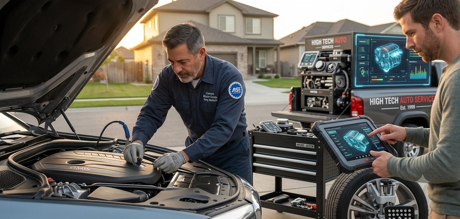 ASE-Certified mobile mechanic repairing a car engine directly in a customer's driveway