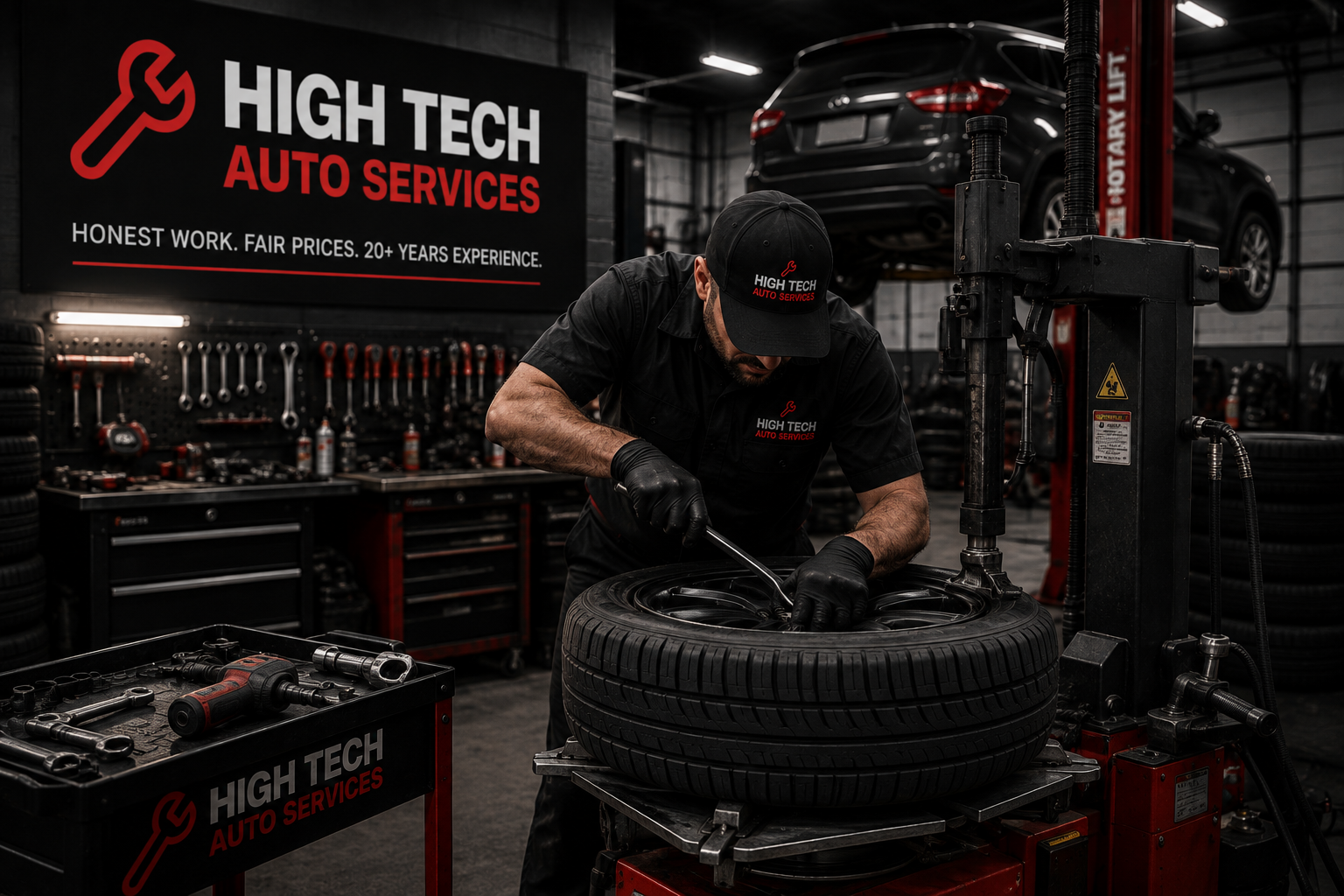 Mobile mechanic performing brake service on car in customer driveway